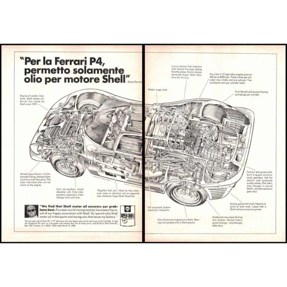 1968 Shell Motor Oil Ferrari P4 Cutaway Drawing 2 Page Vintage Print Ad Wall Art